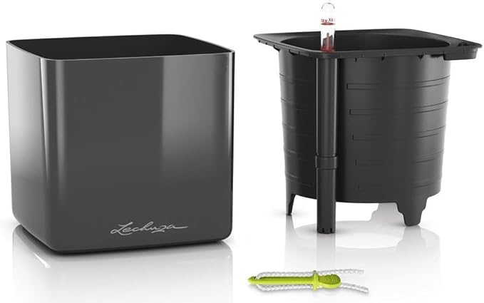 Lechuza Cube Glossy 16 Charcoal High Gloss, Self-Watering Indoor Small Plant Pot, H6.3 L6.7 W6.7 in