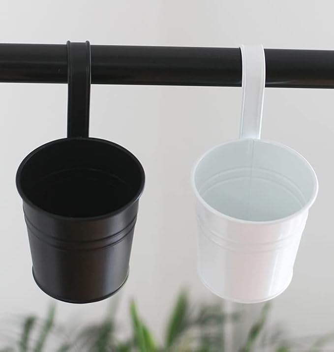 Leoyoubei Hanging Flower Pots for Outdoor Indoor Plants with Removable Hooks -5 Pack Metal Buckets Hanging Planters Wall Fence Home Decor-Storage Box,Drainage Holes -5''Diameter (White)