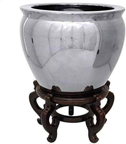 Red Lantern 14" Pure Silver Porcelain Fishbowl Planter or Cachepot for Indoor/Outdoor Use in Garden Entryway Living Room Boho Eclectic Modern Contemporary Classic Traditional Style Decor