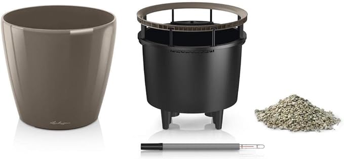 Lechuza Classico LS 21 Shiny Taupe High Gloss, Self-Watering Round Planter, D8.3 H7.9 in