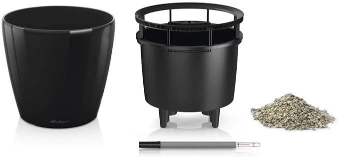 Lechuza Classico LS 28 Black High Gloss, Self-Watering Round Planter, D11 H10.2 in