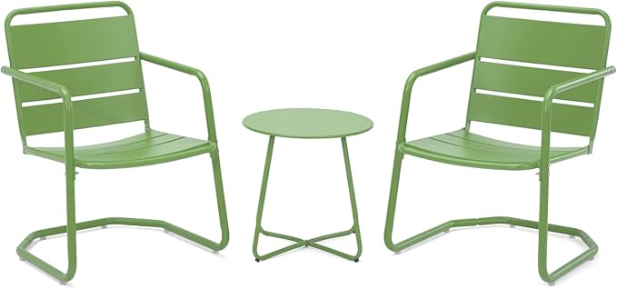 MELLCOM 3 Piece Patio Set, Small Patio Furniture Set - 2 C-Spring Metal Chairs with Round Side Table, Outdoor Bistro Set for Balcony, Front Porch, Poolside, Garden, Deck, Green