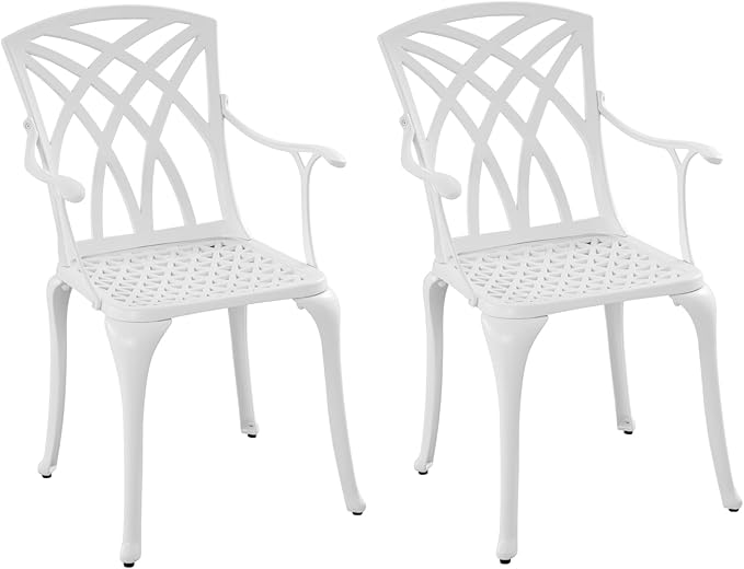 Cast Aluminum Patio Chairs Set of 2, All Weather Outdoor Bistro Chairs with Armrest, White Metal Outdoor Dining Chairs for Garden, White