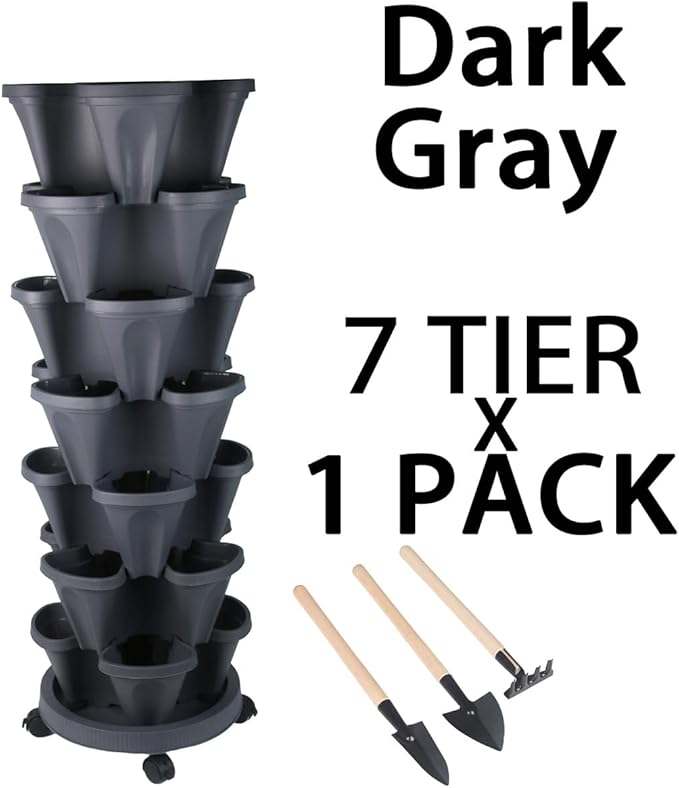 GameXcel Vertical Planter Tower- 7 Tier Stackable Garden Planter with Wheels and Tool Set – Grow Strawberries Herbs Flowers and Vegetables - Indoor Outdoor Use Dark Gray