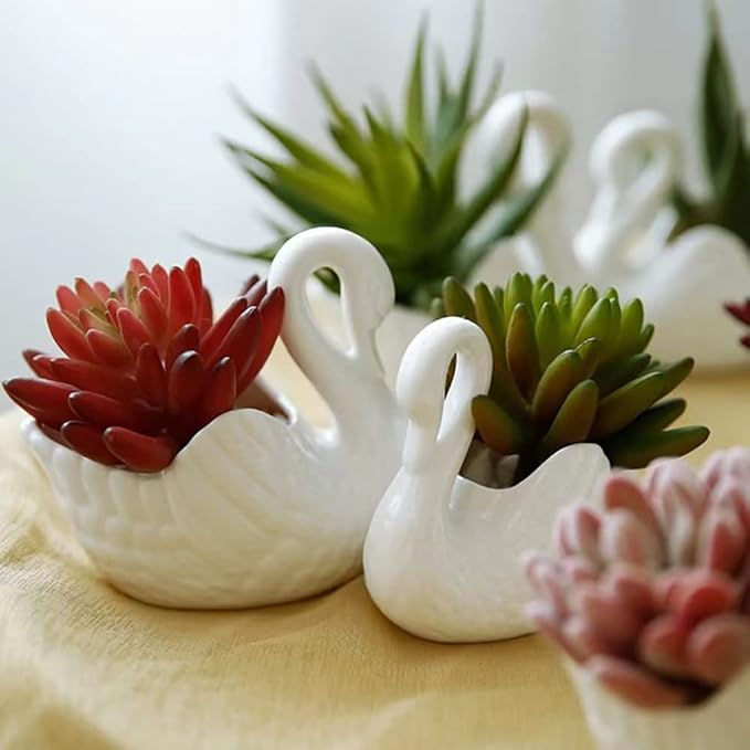 White Ceramic, Swan Flowerpot, Succulent Flowerpot, Medium Temperature Porcelain, Can be Used as Candle Holder (1, Large)
