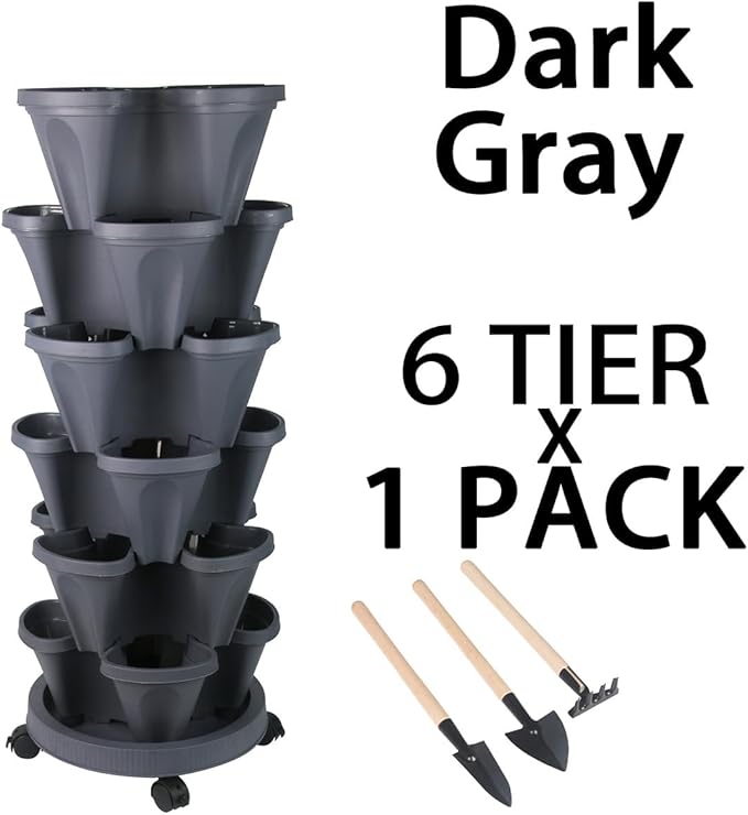 GameXcel Vertical Planter Tower- 6 Tier Stackable Garden Planter with Wheels and Tool Set – Grow Strawberries Herbs Flowers and Vegetables - Indoor Outdoor Use Dark Gray