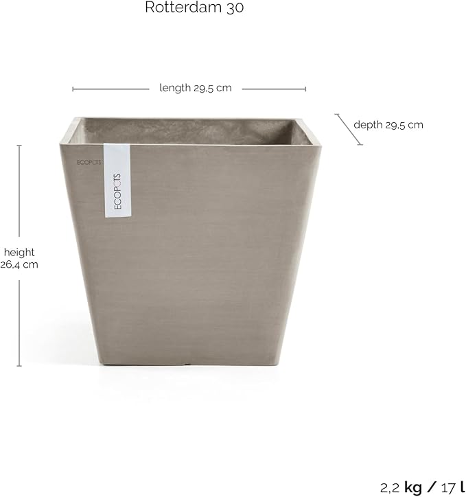 Ecopots Rotterdam Durable Modern Square Indoor/Outdoor Recycled-Based Composite Flower Planter, Taupe, 12"