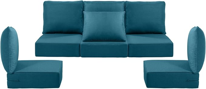 Luxury 24x24x6 Outdoor Cushions for 5-Seat Sectional Sofa Set of 5 - Water-Repellent 11-Piece Patio Cushion Set for Outside Rattan Wicker Loveseat Chair L-Shape Couch - Peacock Blue/Classic