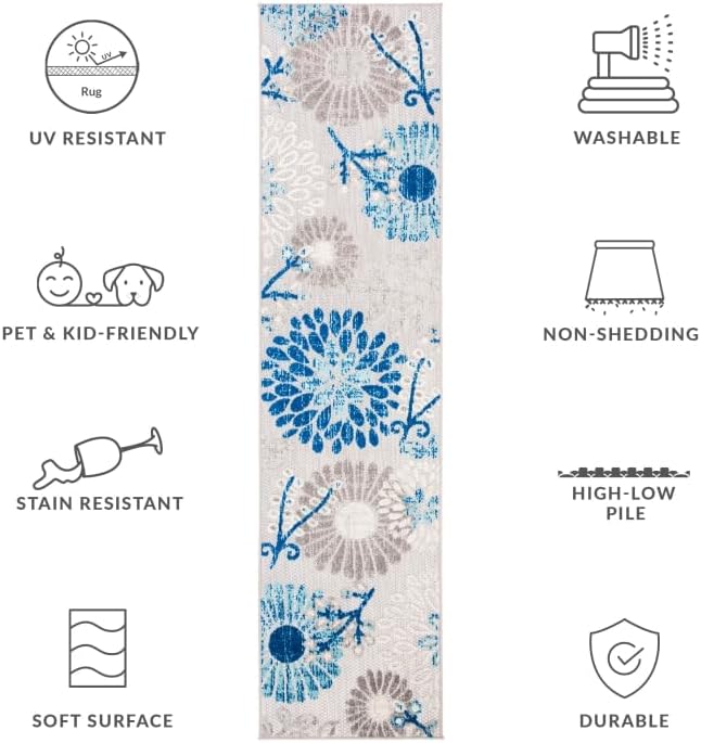 SAFAVIEH Washable Rug Outdoor Cabana Collection - 4' Square, Grey & Blue, Non-Shedding & Easy to Clean, Ideal for Patio, Backyard, Mudroom (CBN832F)