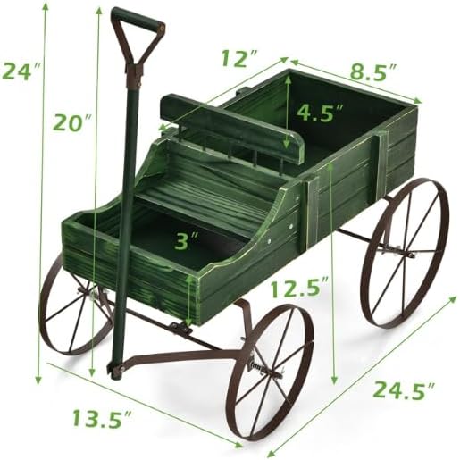 HAPPYGRILL Wooden Wagon Planter, 24.5” x 13.5” x 24” Decorative Garden Planter w/ 2 Planting Sections, Wheels, Handle, Small Decorated Cart, Flower Planter Box for Indoor Outdoor Patio (Green)