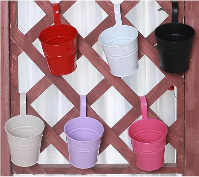 Leoyoubei Hanging Flower Pots for Outdoor Indoor Plants with Removable Hooks -5 Pack Metal Buckets Hanging Plant Pots Wall Fence Home Decor-Storage Box,Drainage Holes -5''Diameter (Black)