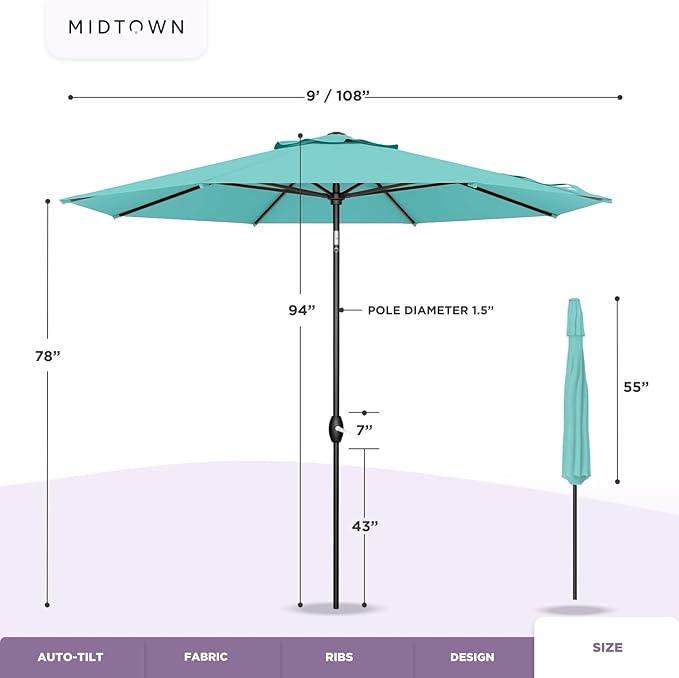 Midtown Umbrellas 10-Year-No-Fade - 9 Ft - UV Proof Charcoal Grey Polyester Fabric - Umbrella Outdoor Patio, Auto-Tilt Aluminum Frame Patio Umbrella for Garden, Pool & Deck - Black Pole