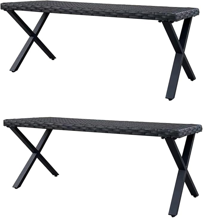 46” Black Rattan Bench with Metal X-Legs Set of 2, Wicker Frame Patio Bench for Hallway, All Weather Outdoor Bench for Garden, Backyard, Porch