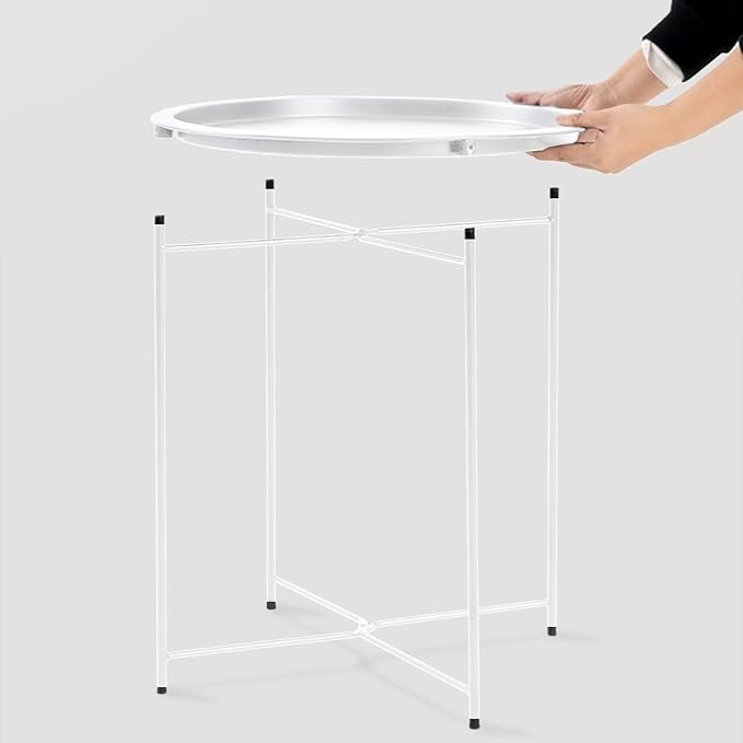 Garden 4 you End Table Metal Side Table White Round Folding Tray Cyan Sofa Small Accent Fold-able Table, Round End Table Tray, Next to Sofa Table, Snack Table for Living Room and Bed Room