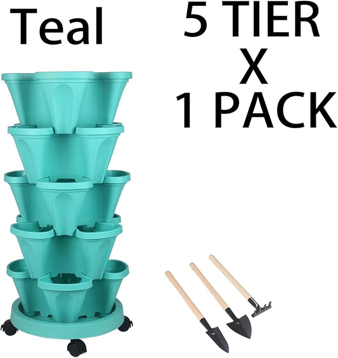GameXcel Vertical Planter Tower - 5 Tier Stackable Garden Planters with Wheels and Tools Plant Pots for Strawberry Herb Flower and Vegetable Indoor Outdoor Use Teal