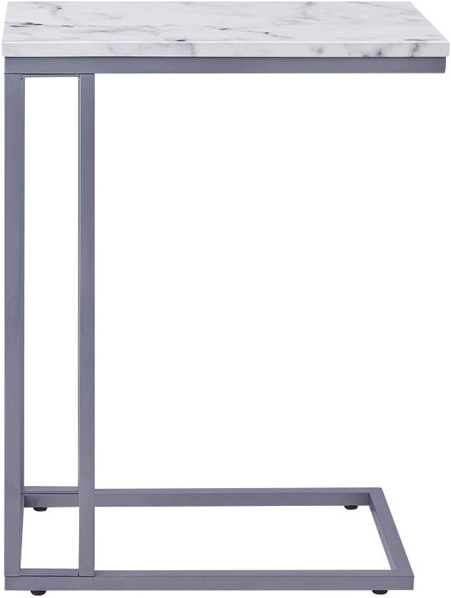 ROSEN GARDEN C-Shape Side End Table, Faux Marble Tray Snack Table with Metal Frame, Laptop Coffee Holder, Modern Furniture (Silver)