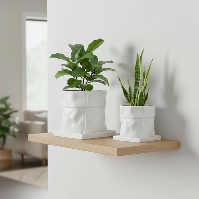 Nihow Ceramic Plant Pot: 6 Inch Planter with Drainage Hole & Square Saucer for Herbs/Plants, Bag Shape Design Flower Pot for Indoor & Outdoor Garden Decor - White