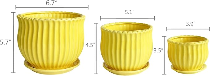 Yellow Ceramic Flower Pots with Saucers, Modern Round Ceramic Succulent Plant Pots with Stripe Texture, Small to Medium Sized, Set of 3