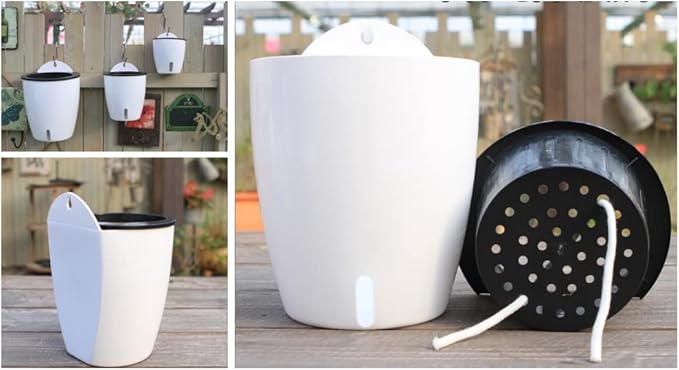 5 Pack Visible Water Level Self Watering Planter with Inner Pot,Hanging Planters,Wall Mounted Plants Holder,Small Flower pots Indoor Out Flowerpot with 5 Hooks for All House Plants (White)