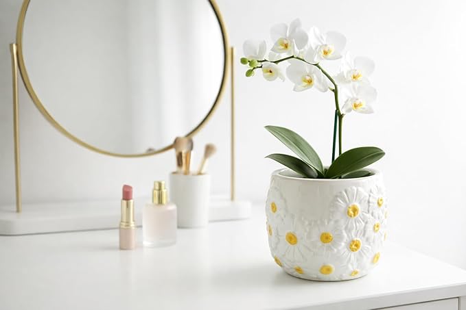 Arktiva 4.5 Inch Ceramic Planter Pot with Drainage Hole-Indoor Outdoor Flower Pot for Houseplants, Succulents & Flowers, Home Decor, Daisy Pattern
