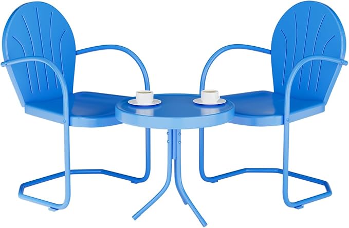 3 Pieces Patio Bistro Set, Retro Metal Outdoor Seating Conversation, 2 C-Spring Retro Metal Patio Chairs and Round Side Table, for Balcony, Yard, Garden (Blue)