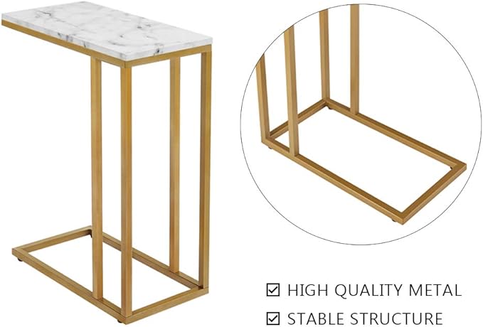 ROSEN GARDEN C-Shape Side End Table, Gold Faux Marble Tray Snack Table with Metal Frame, Laptop Coffee Holder, Gold Modern Furniture