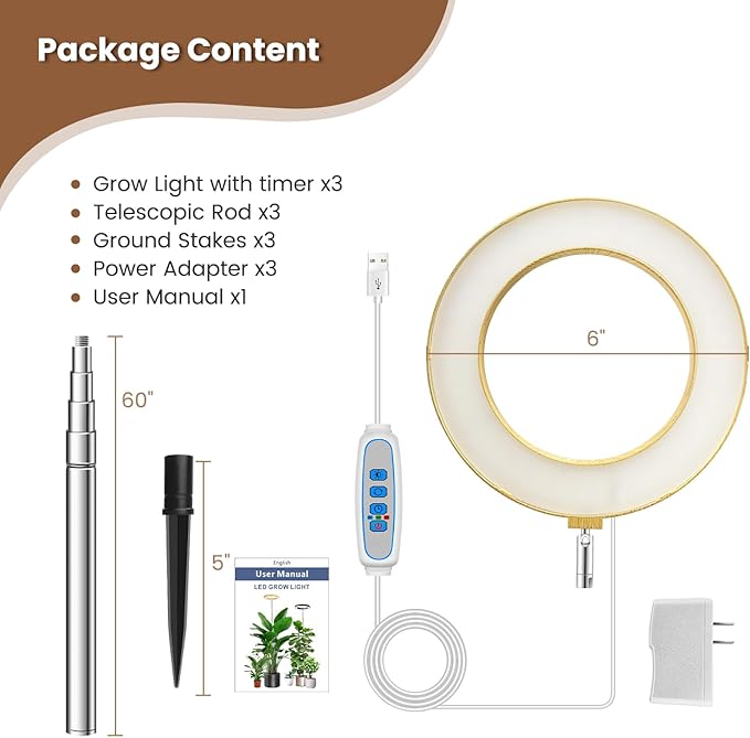6.3in Plant Lights for Indoor Growing, Full Spectrum Faux Wood Grain Grow Light, 80 LED Growing Lamp with Height Adjustable 10"-65", 6/12/16H Timer, 3 Optional Spectrums, 5 Brightness, 3 Pack