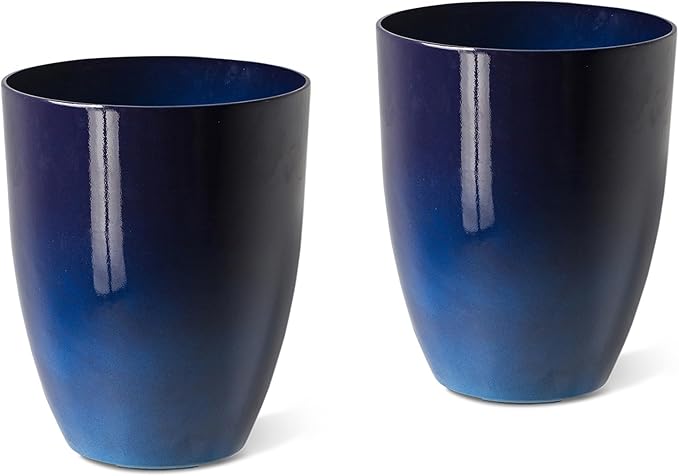 Glitzhome 16.75" H Garden Tall Planter Pots,Set of 2 Morden Round Faux Ceramic Tall Planter with Drainage Holes,Large Flower Pots for Outdoor Indoor,Cobalt Blue