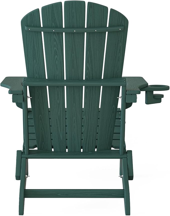 Plawdlik Folding Adirondack Chair Set of 6 with Cup Holder,Wooden Textured ,Heavy All-Weather HDPE Comfortable Set Poolside Backyard Lawn, Green