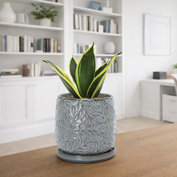 D'vine Dev 5 Inch Embossed Leaves Stoneware Planter Pot with Drainage Hole and Saucer, Graphite Blue, 27-A-V-9