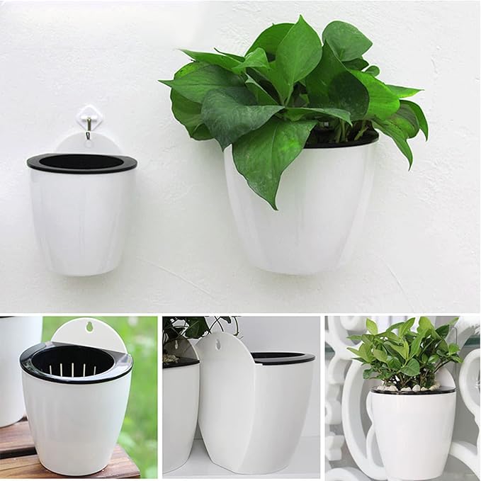 HOIGON 6 Pack 7 Inch Self Water Hanging Plants Pots, Self Watering Wall Hanging Plastic Planters with S-Hooks and Wicks, Lazy Flower Pot for Indoor Outdoor Orchids African Violet, White