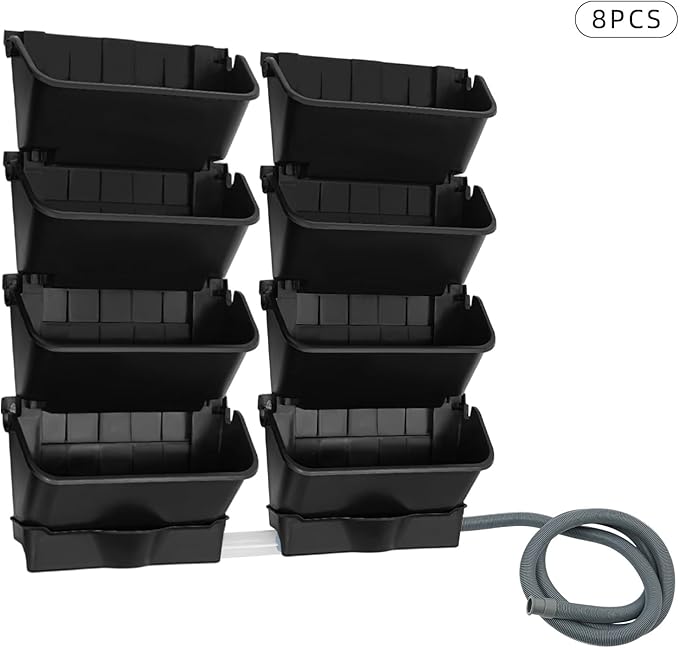 Vertical Wall Planter for Indoor Plant-Walls Mounted Pot with 2 Drainage Tray 8 Pack, with 6.56ft Drainage Pipe for Decor, Plastic Pots Balcony Planters, Plants Hanging (8, Black)