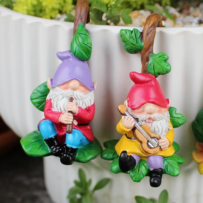 Set of 3 Cute Climbing Gnome Figurines Flower Pot Hugger, Resin Hanging Gnomes Statue Outdoor Decor Fence Ornaments for Patio Lawn Garden Yard (Music Gnome)