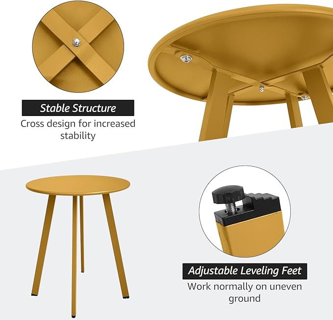 Outdoor Side Table - Weather Resistant Patio Small Round Metal Steel Side Table, Waterproof End Table for Garden, Balcony, Yard - Yellow