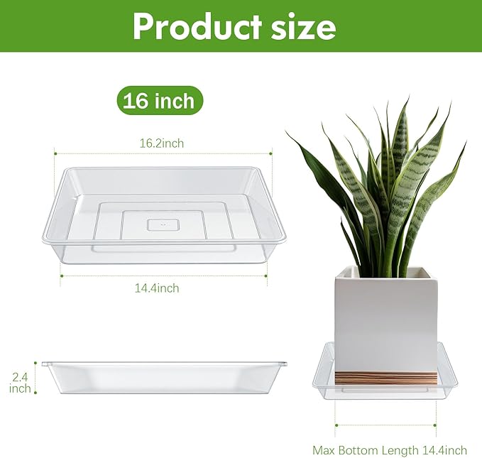 16 Inch Square Clear Plant Saucer, 6 Pack Durable Thick Plant Pot Dish for Flower Pot, Plastic Plant Tray to Catch Water for Indoor Outdoor