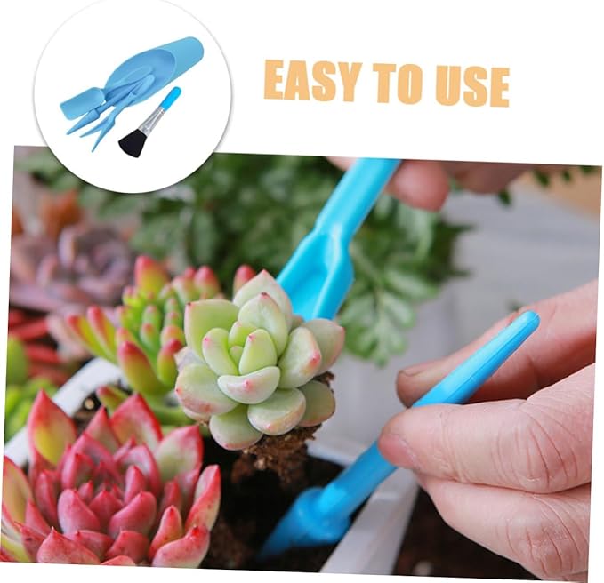 KESYOO Succulent Planting Tool Set with Transplanting Scoop, Small Soil Shovel, Cleaning Brush, and Blue Bucket for Indoor Garden Care and Bonsai Planting Accessories