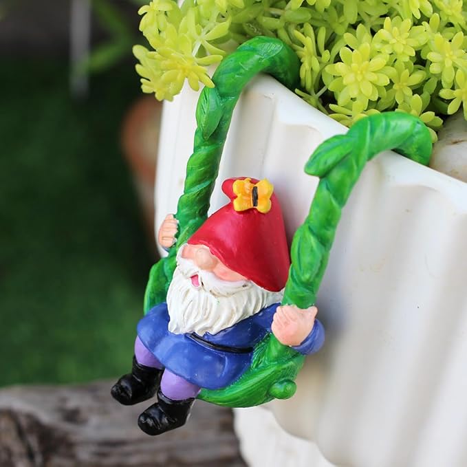 Set of 3 Cute Climbing Gnome Figurines Flower Pot Hugger, Resin Hanging Gnomes Statue Outdoor Decor Fence Ornaments for Patio Lawn Garden Yard (Swing Gnome)