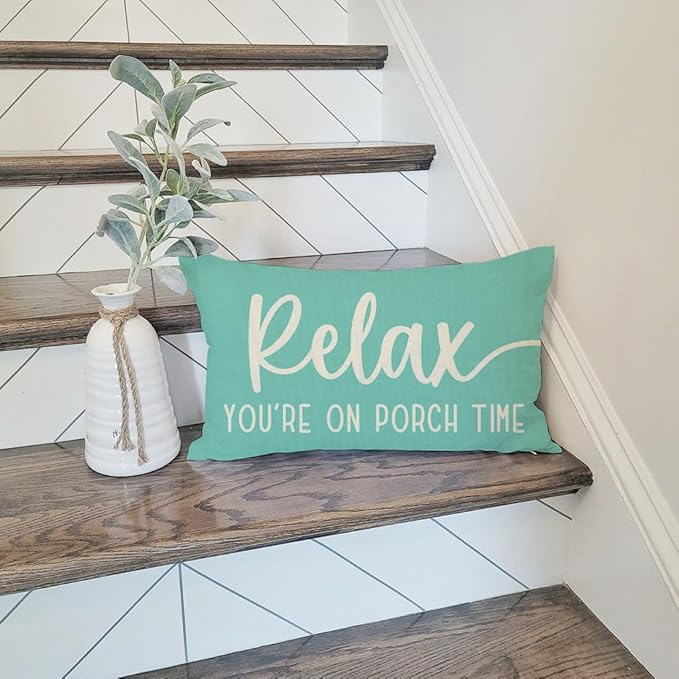PANDICORN Farmhouse Throw Pillow Covers 12x20 Inch Relax Porch Time Turquoise Summer Beach Outdoor Decorations Lumbar Pillow Decorative Throw Pillows Cases Cushion Covers for Porch Couch Sofa Decor