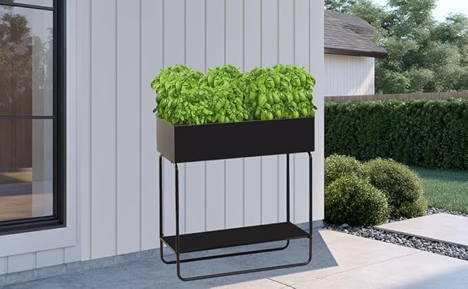 Metal Raised Garden Bed, 23.6W x 9.8D x 25.6H inches, with Storage Shelf, Powder Coated Planter Box, Floor Standing, Indoor and Outdoor