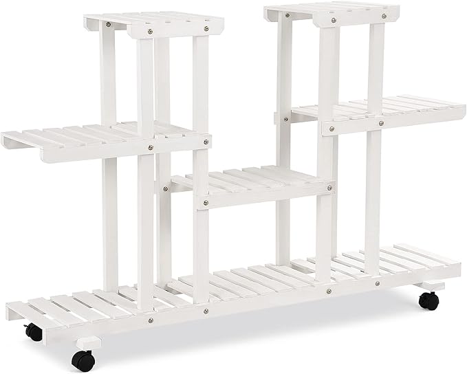 Giantex Rolling Flower Rack Wood Plant Stand on Wheels 6 Wood Shelves 12 Pots Bonsai Display Shelf Indoor Outdoor Yard Garden Patio Balcony Living Room Storage Rack Bookshelf Hollow Shelves (White)