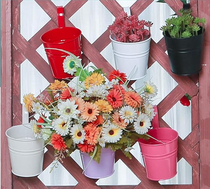 Leoyoubei Vintage Hanging Cup Holders with Removable Hooks -5 Pack Metal Iron Buckets Hanging Flower Pots Wall Fence Hanging Planter-Storage Box, Drainage Holes -5''Diameter Vase (Red)