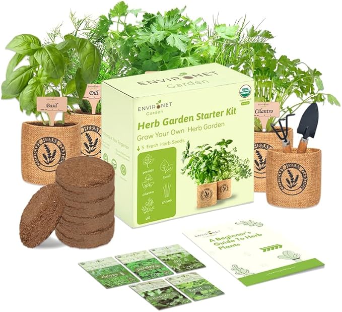 5 Herb Indoor Garden Kit- Unique Chrismas Herb Gardening Gift, Home Kitchen Gift for Mom, Friends, and Gardeners, Basil, Parsley, Chives, Cilantro, Dill
