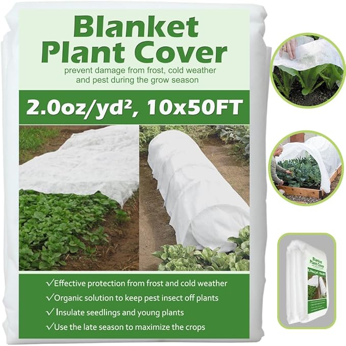 Plant Covers Freeze Protection 10 ft x 50 ft Floating Row Cover 2.0oz/yd² Garden Fabric Plant Cover for Winter Frost/Sun Pest Protection (10FT X 50FT)