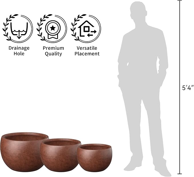 Kante 19.9",15.7",11.8" Dia Round Concrete Planter Set of 3, Outdoor/Indoor Large Bowl Plant Pots with Drainage Hole and Rubber Plug for Garden Patio Balcony Home, Rusty