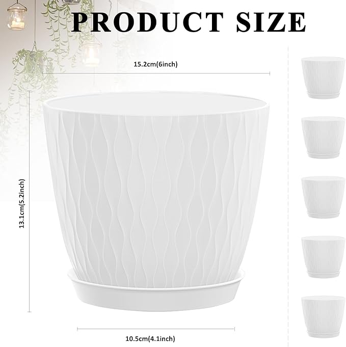 5 Pack 6 inch Planters for Outdoor Plants Indoor Plant Pots with Drainage Holes and Saucers, Modern Plastic Flower Pots for Plants Succulent Holiday Office House Home Decor Garden Pots White