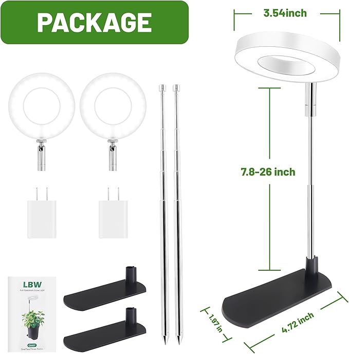 LBW Grow Light for Indoor Plants, Height Adjustable Plant Grow Lamp with Auto On/Off Timer 6/8/12/16H, 3 Colors,5 Dimmable Brightness, for Small Plants, White, 2 Packs