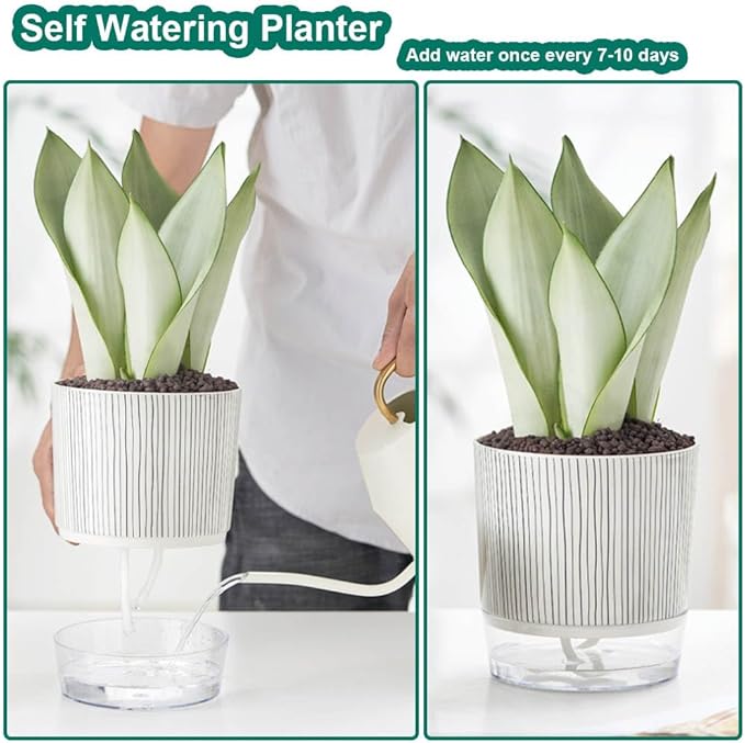 BamLue 4-Piece Self Watering Plant Pot for Indoor Plants, Self Watering Planter, Flower Pots Outdoor Indoor, Planters with Drainage Hole and Tray Saucer, Houseplants Pots with Water Reservoir