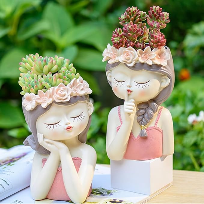 Adorable Fairy Girl face Succulent Pot with Drainage Hole, Resin Head Planter Pot for Indoor Plants, Decorative Flower vase,Gifts Idea for Lady (Medium-Tranquility)