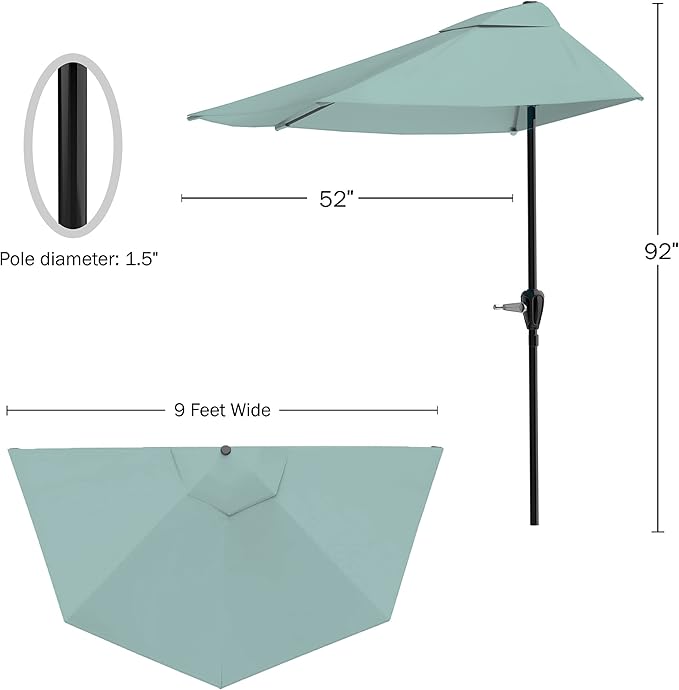 Half Umbrella Outdoor Patio Shade - 9 ft Patio Umbrella with Easy Crank - Small Canopy for Balcony, Table, or Deck by Pure Garden (Dusty Green)