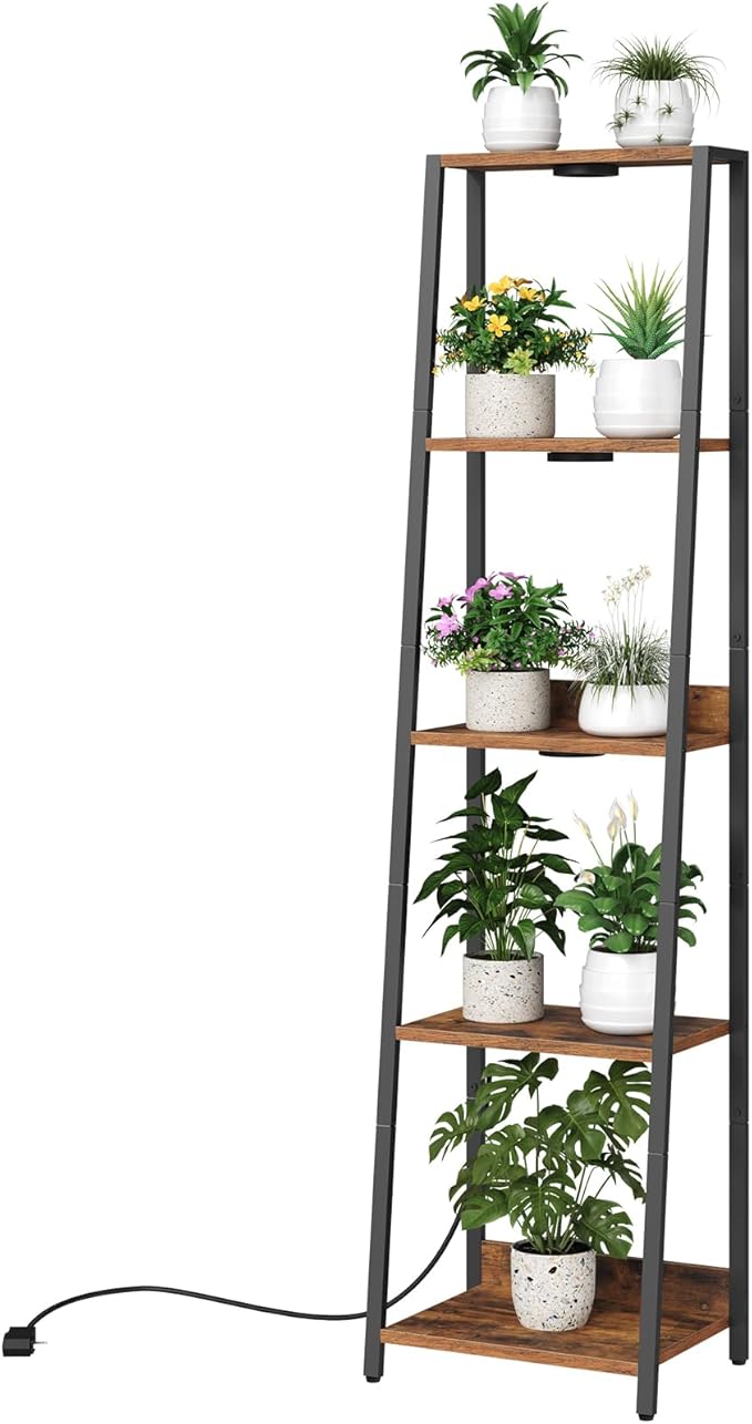 Plant Stand with Grow Light, 5 Tier Plant Shelf with Timer for Indoor Plants, Ladder Shape Flower Rack with Raised Back Edges, for Living Room, Balcony, Rustic Brown and Black PSHR05E01